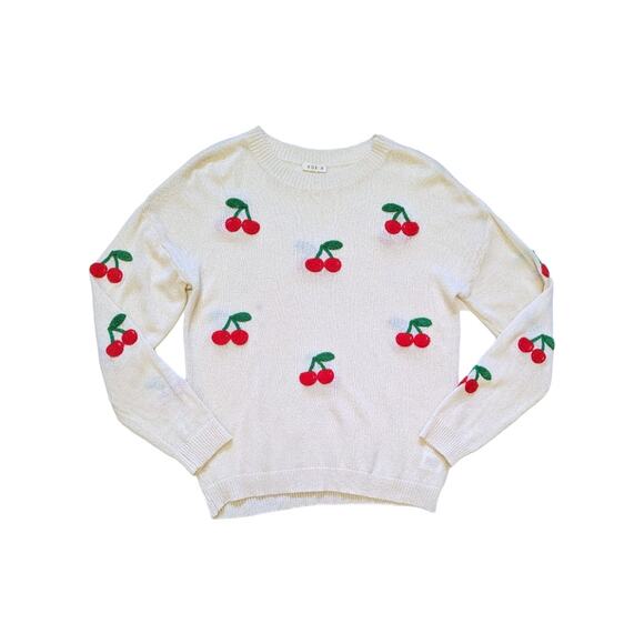 Cherry Print Textured Pullover Sweater Sheer Long Sleeve Kori Womens Medium Top - Picture 2 of 6
